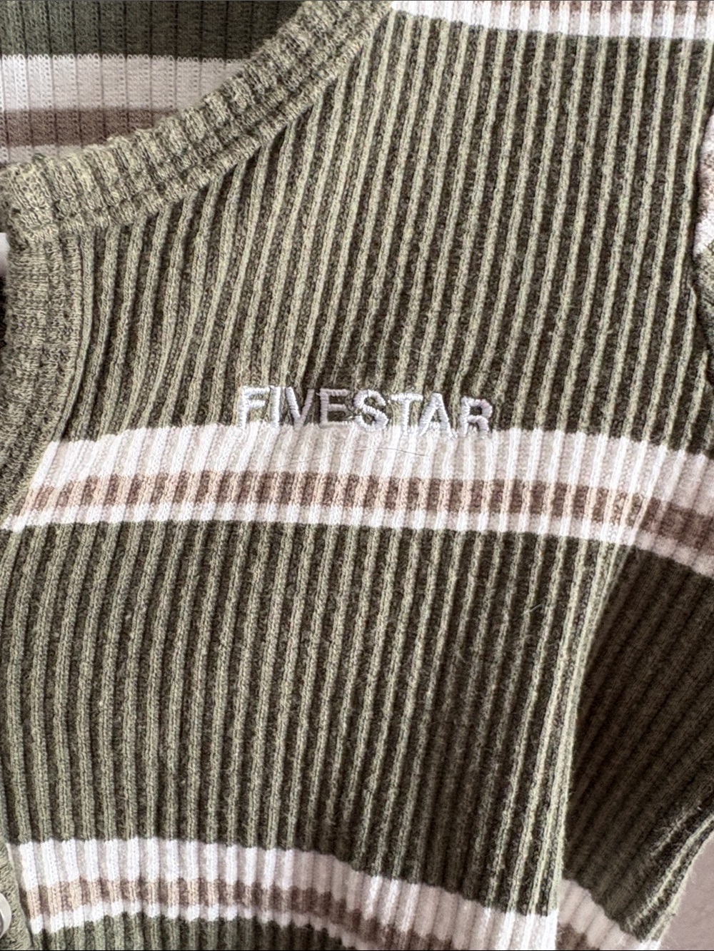 Five Star Olive and Cream Striped Ribbed Button-Front Cardigan - Picture 2 of 5